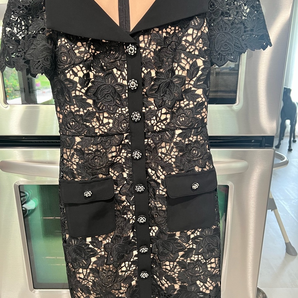 Self-Portrait Black and Tan Mini Sheath Dress with Notched Collar